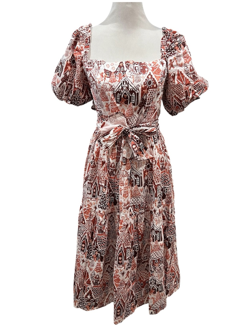 Kathleen Maeve Gingerbread Print Puff Sleeve Dress Size Large NWT